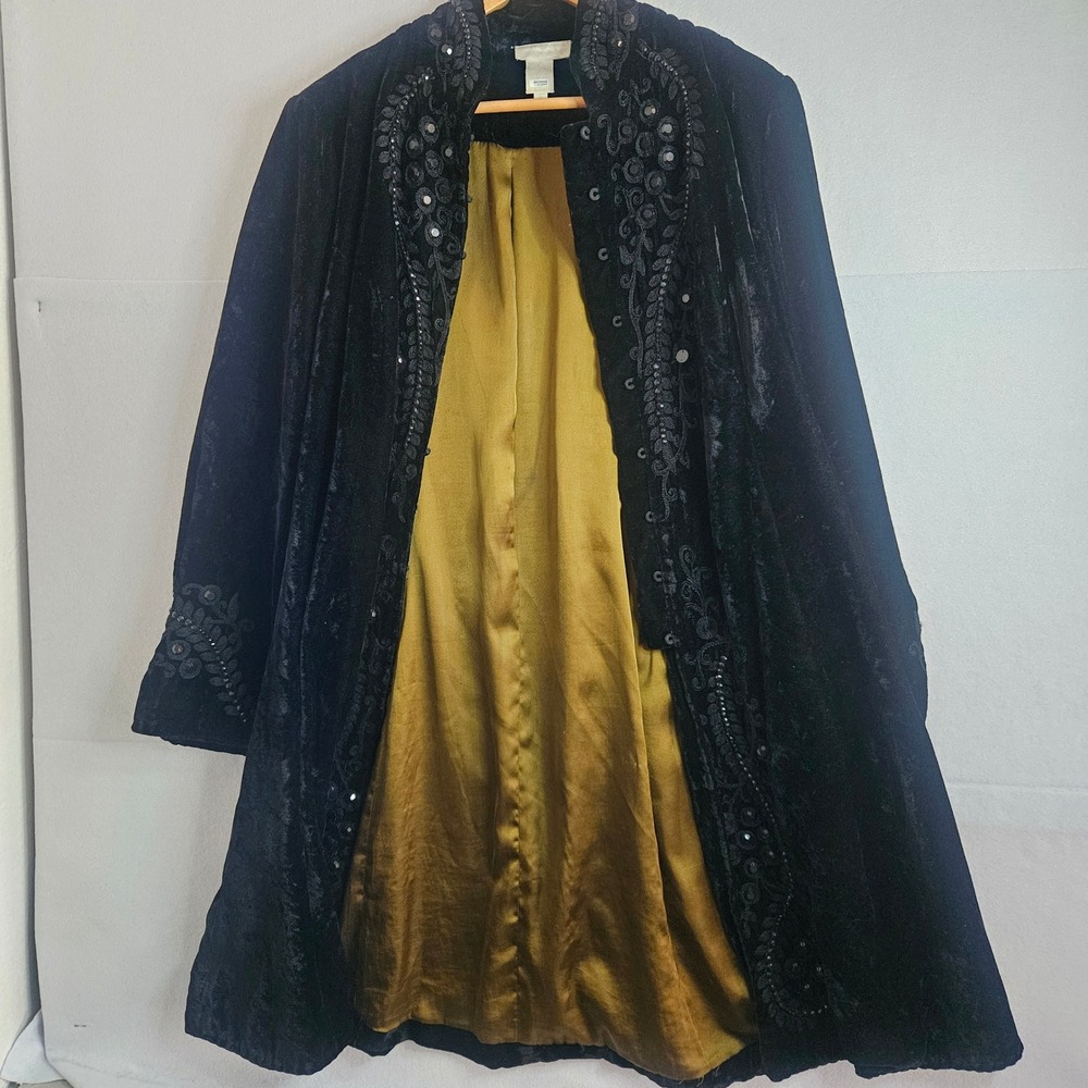 Soft Surroundings Black Velvet Embroidered Duster Coat Jacket Gold Lining Large - Picture 13 of 14